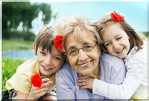 Grandmother happy with grandchildren