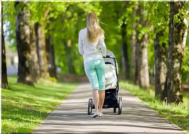 Mother taking a walk with her baby in the park.